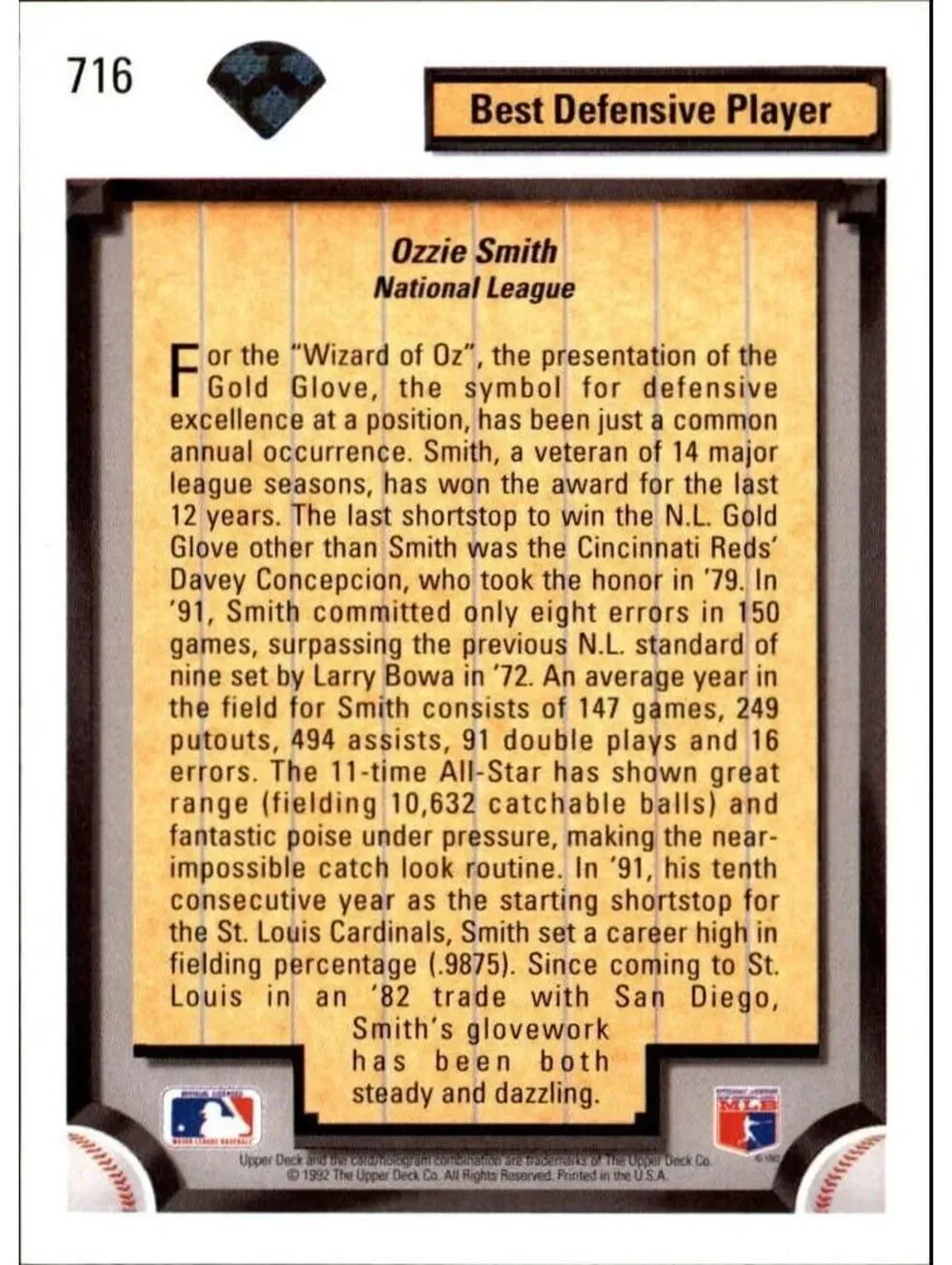 Ozzie Smith 1992 Upper Deck MLB #716 Diamond Skills Baseball Card Cardinals